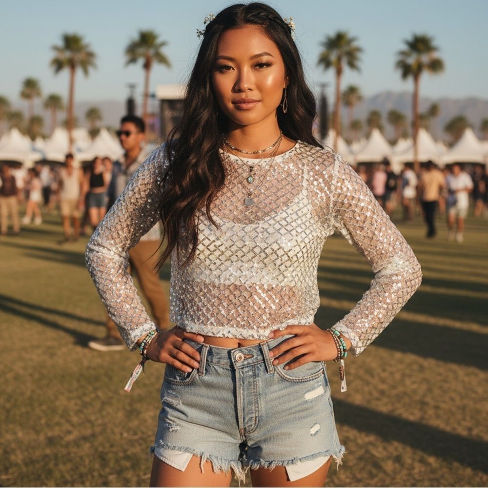GB Long Sleeve Sheer Mesh Top with Diamond Pattern Silver Sequins